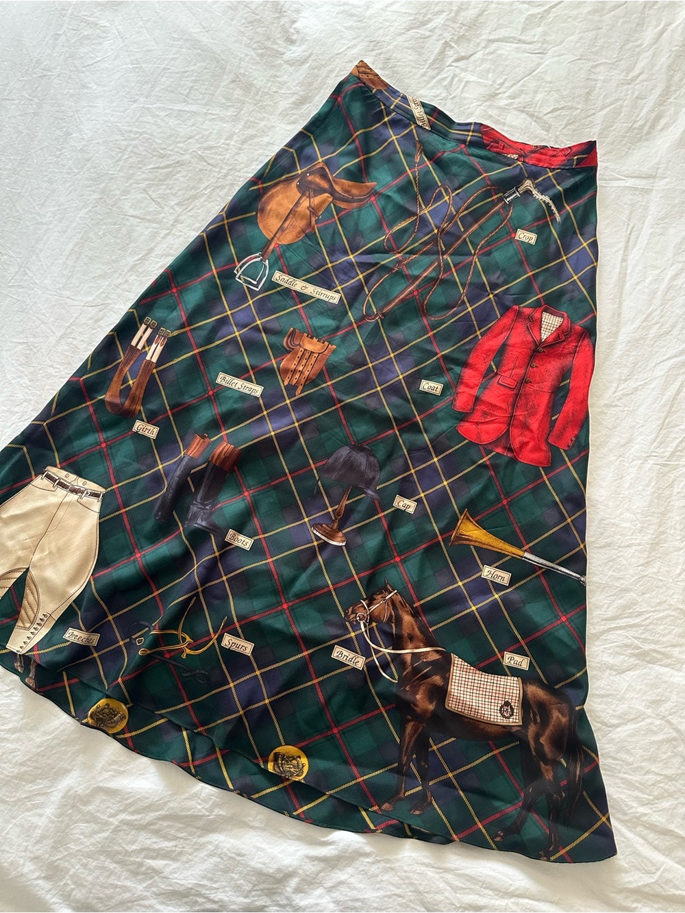 RARE 90’s Vintage Ralph Lauren Green Plaid Equestrian-Print Silk A-Line Skirt - Picture 1 of 8
